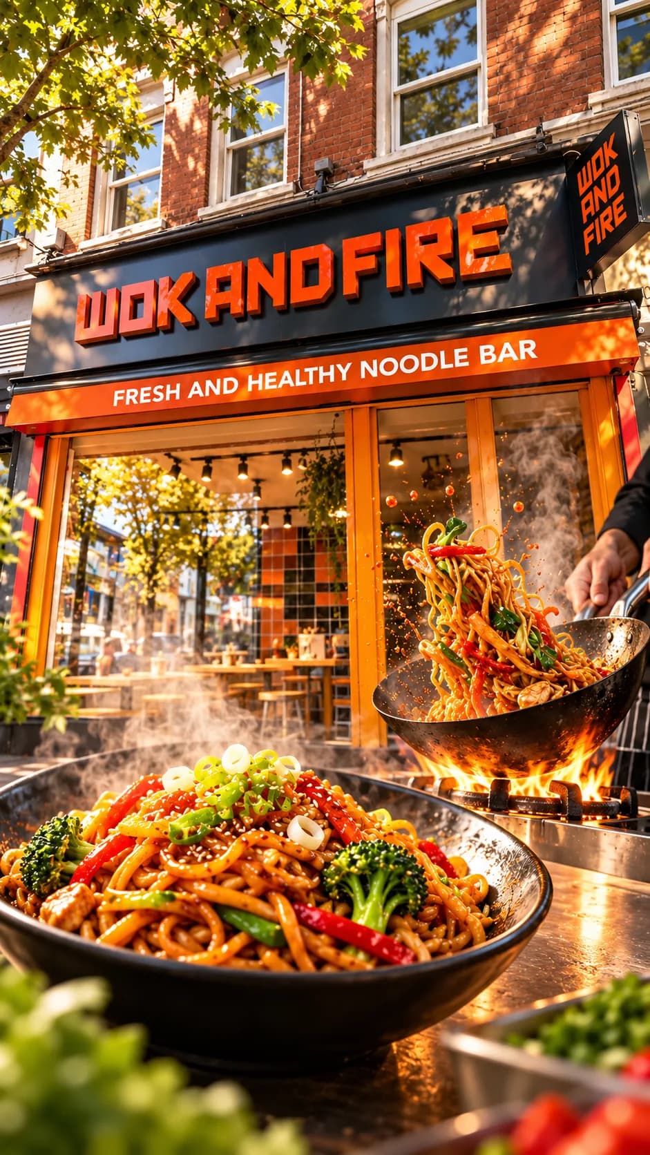 Illustration of Wok & Fire Camden: noodles tossed in a flaming wok in front of the orange “Fresh and Healthy Noodle Bar” shopfront