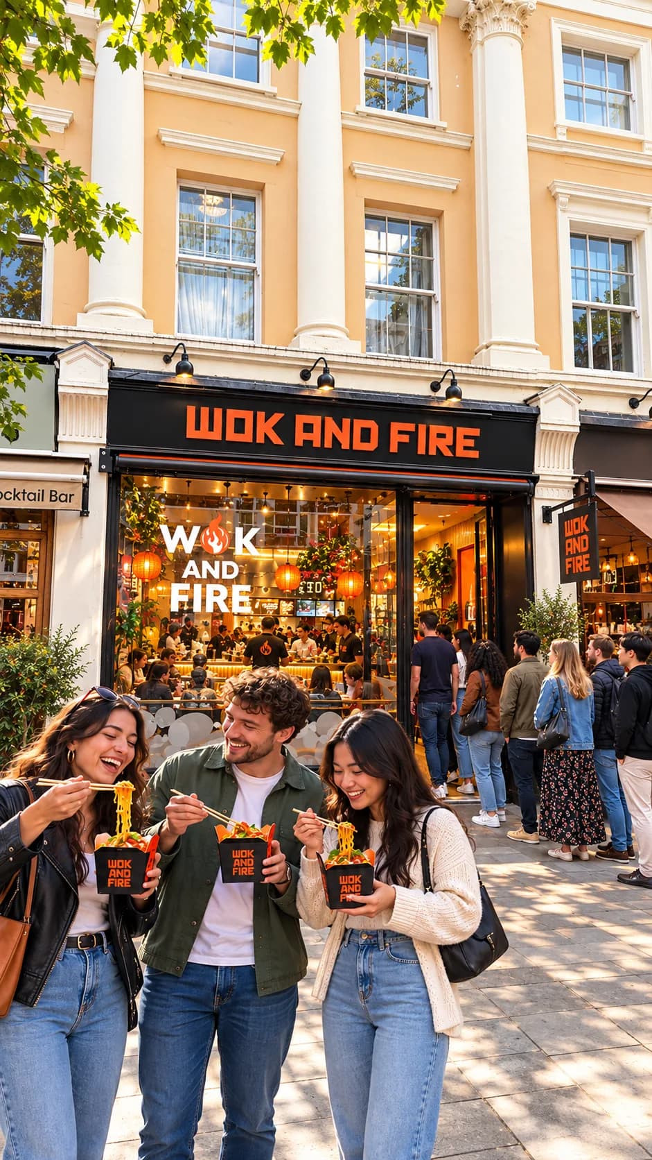 Illustration of friends eating Wok & Fire noodles outside the Greenwich shopfront